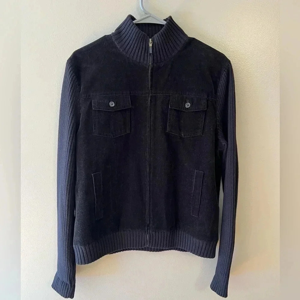 Lauren Ralph Lauren Womens Knit Corduroy Utility Jacket Zip Black Size Large